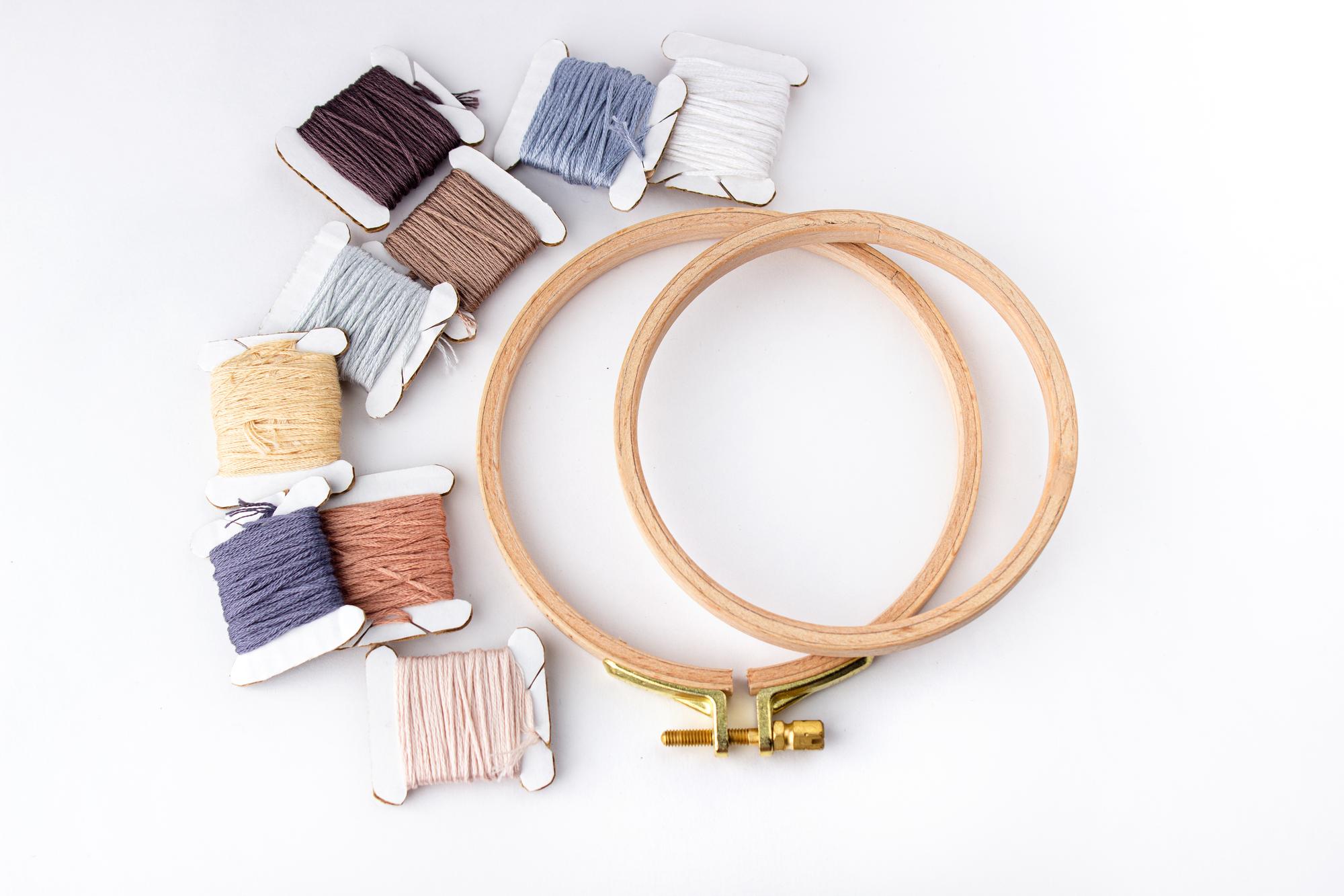 beginner embroidery kit and tools on table