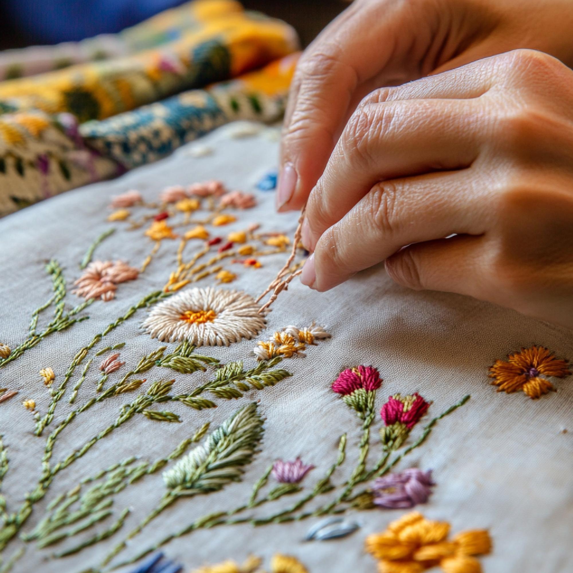 close-up of hand stitching floral motif